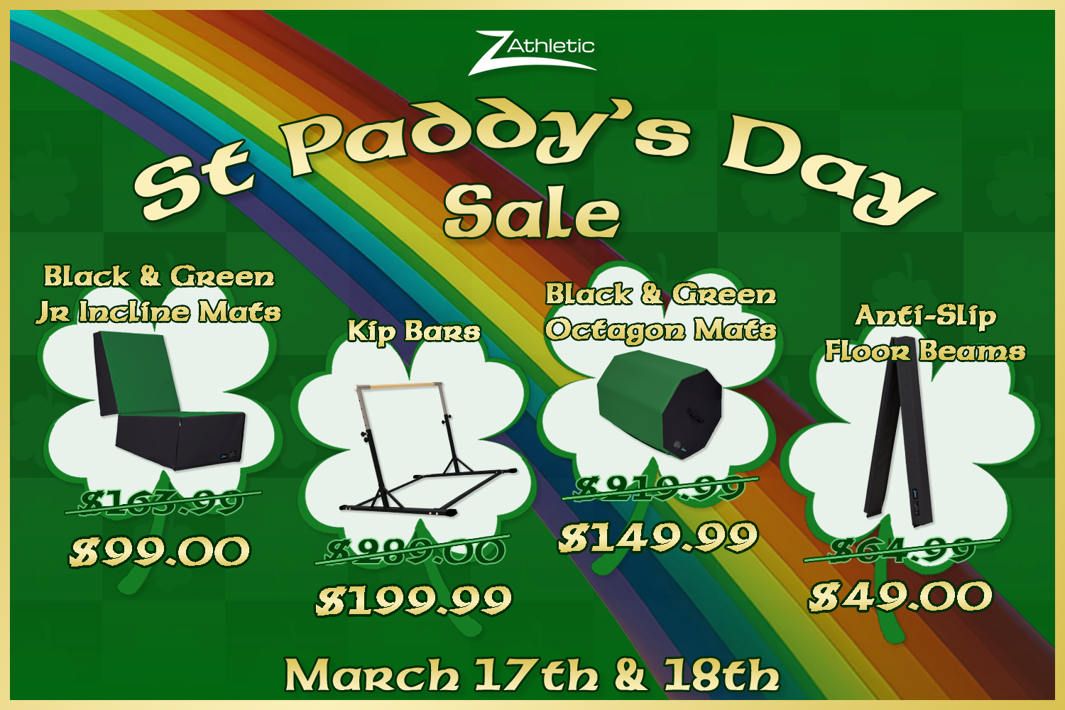 St. Patrick's Day sale advertisement with sports equipment and pricing on a green background with rainbow stripes.